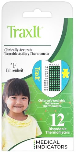 TraxIt Underarm Thermometer Sticker for Kids, Babies 6+ Months (12-Pack, Fahrenheit) — Wearable for Up to 48 Hrs with Continuous Temperature Readings, Battery Free, Single Use, Disposable Thermometer