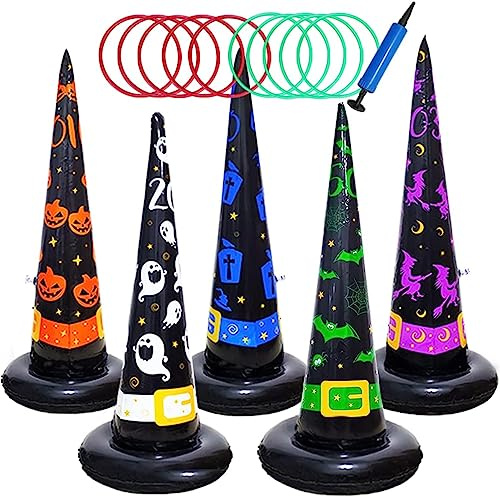 Halloween Ring Toss Game Set, 16pcs Inflatable Witch Hat Toss Game with Air Pump, Inflatable Ring Toys Gifts for Kid Family School Party Favor Outdoor Indoor Halloween Toss Game