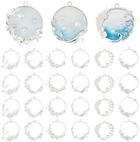 OLYCRAFT 24pcs Sea Theme Resin Bezels 6 Style Silver Open Frame Pendant Charms Summer Theme Alloy Hollow Resin Frames with Loop for Earrings Necklace Bracelet Jewelry Making