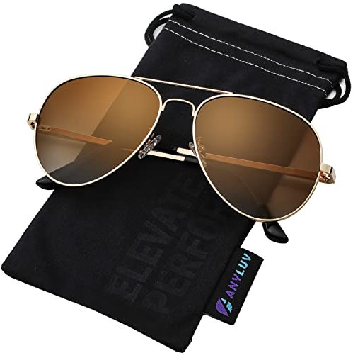 Pilot Sunglasses Mens, Polarised Sunglasses Men Women Classic Black Shades Metal Frame with UV Protection(Gold/Gradual Brown)
