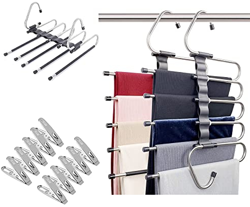 Baoswi Magic Pants Kleiderbügel platzsparend, 2er-Pack für mehrlagige Schränke, multifunktionale Verwendung, Rack-Organizer für Hosen, Schals, locker (2er-Pack mit 10 Metallclips)