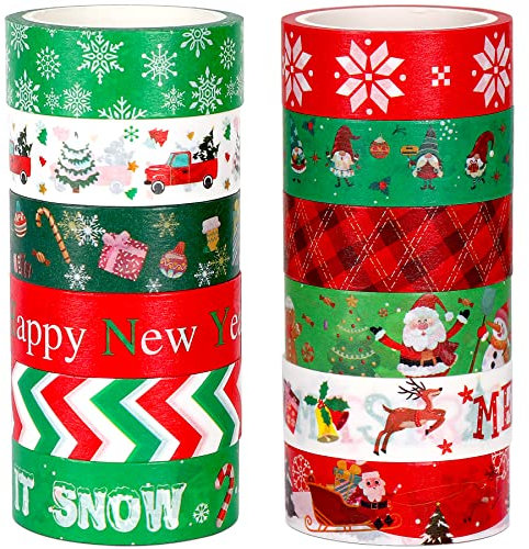SANNIX 12 Rollen Washi Tape Weihnachten, 15 mm breit, Weihnachtsbaum, Schneeflocken, Weihnachtsmann, Lebkuchenmann, Abdeckband für Weihnachten, Scrapbooking und Basteln