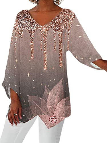Onsoyours Femme Tunique À 3/4 Manches Longues Chemise Élégant Imprimée Blouses Casual Vintage Ample Swing T-Shirt Grande Taille Comfortable Chemisier Hauts Pullover A16 XL