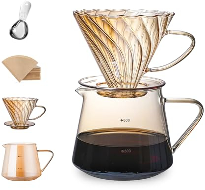 Can's Pour Over Kaffeebereiter-Set mit 50 Filtern, Glas-Kaffeetropfer und Glas-Kaffeekanne + Edelstahl-Kaffeelöffel, V60 Pour Over Kaffee (klein, 500 ml, Bernstein)