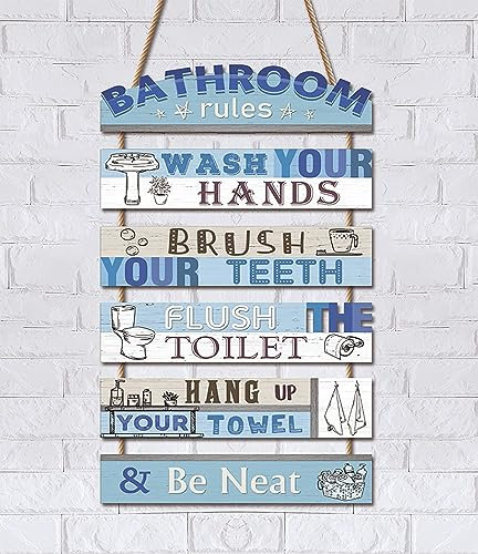 KAIRNE Bathroom Decorations,Blue Bathroom Rules Wooden Sign for Toilet,Wash Your Hands Brush Your Teeth Rustic Hanging Wood Plauqe