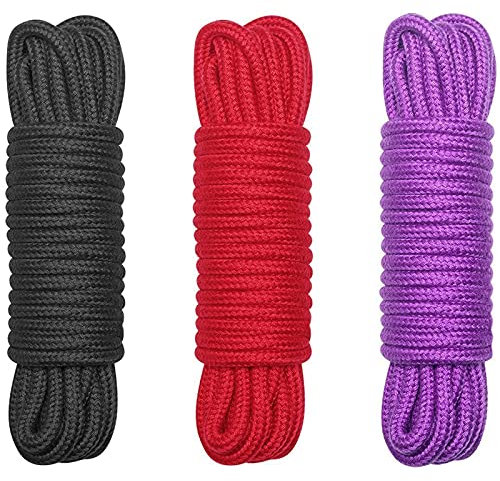 Maydahui 3PCS Cotton Long Rope 32 Feet（10m） Soft Multipurpose Washable Strong Durable Red Black Purple Cord