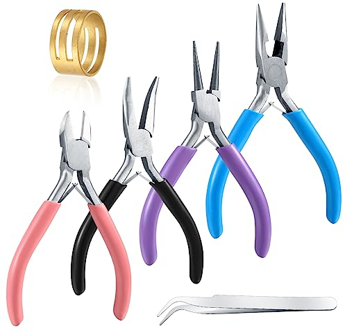 4 Stk Schmuckzangen Set, Nadelzange, lange Spitzzange, Kettenzange, Drahtschneider, Schmuckzange Bastelwerkzeuge, für Perlen, Schmuck, Halskette, Reparatur, mit 1 x Ring, 1 x Pinzette