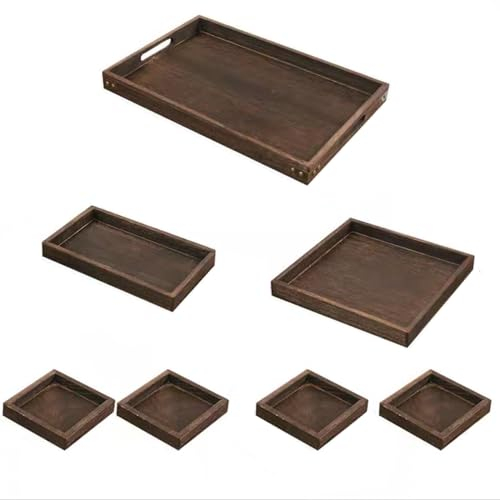 7 st serveringsbrickor i trä med handtag halkskydd rektangulära träfat, upphöjda kanter serveringsbrickor för fester/mångsidig/kaffe/drycker
