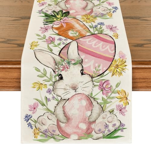 Artoid Mode Flowers Leaves Easter Eggs Rabbit Easter Table Runner, Seasonal Spring Kitchen Dining Table Decoration for Home Party Decor 40x140 cm