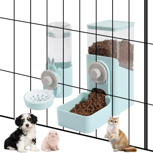Hanging Automatic Pet Food and Water Dispenser, Auto Gravity Rabbit Ferret Bunny Hedgehog Feeder Water Dispenser Sets, Cat Dog Food and Water Dispenser Food Bowl for Cage Hanging (Light Blue)