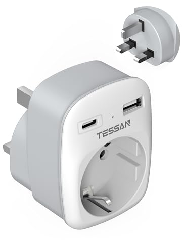 TESSAN Adapter England Deutschland Stecker, 3 in 1 Steckdosenadapter England mit USB A und USB C, Reiseadapter UK, 3250W UK Adapter, Reisestecker für Malta Schottland Irland, Reiseadapter Typ G