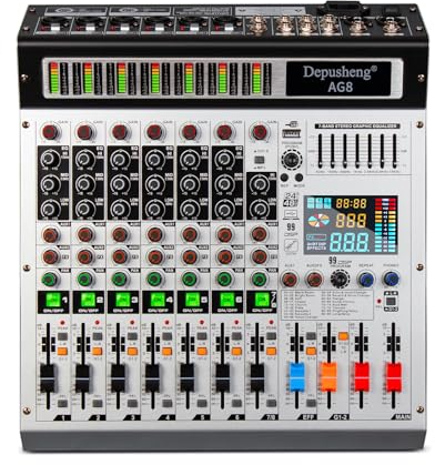 Depusheng AG8 Professioneller DJ-Mixer 8 Kanäle 99 DSP Echo Audio Soundmixer mit MP3 USB Bluetooth 48V Phantomspeisung Gruppierung und 2 AUX Schnittstellen für die Aufnahme von DJ Bühnen Karaoke