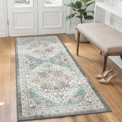 BEIMO Vintage Teppich Schlafzimmer 60X120CM rutschfest Kurzflor Teppich Wohnzimmer Waschbar Mintgrün Teppiche Flur Läufer