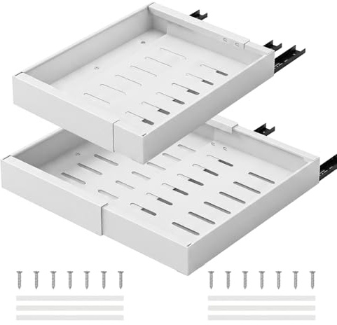 DARDVORLAG 2 Stück Teleskopschublade,Ausziehbare Schubladen Küche Verstellbare Breite 32–52 cm & Tiefe 42 cm,Vielseitiger Küchenschrank Organizer mit 3 Selbstklebenden Gleitschienen,Weiß