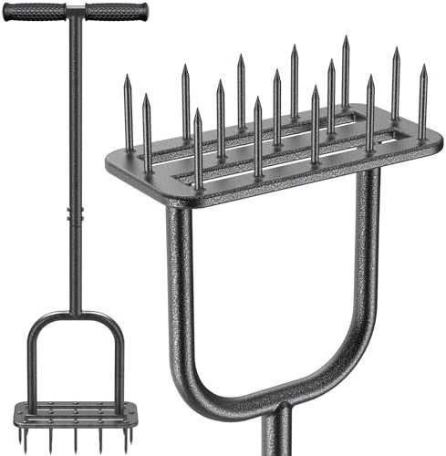 BeneLabel Rasenlüfter Spike, Manuell Rasen Belüfter Gardena Aerifiziergabel Gras Rasenspecht Rasenlocher mit Langstiel Bodenbelüften Werkzeug 15 Spikes mit rutschfest T-Griff für Rasenpflege/Schwarz