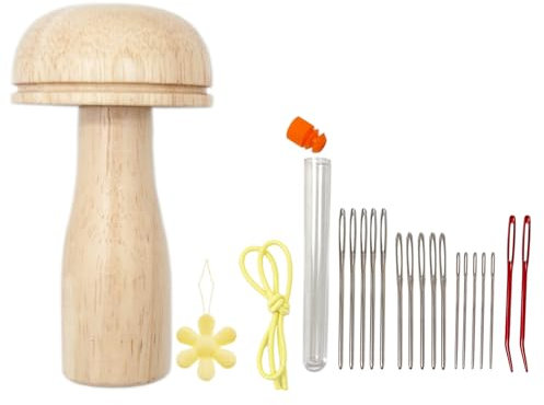 Stopfpilz Set Mit Spannring, Stopfei Stopfpilznadel Flicken-Pilz Pilzdarner Stopfschirm Pilzform Holzwerkzeug Für Stopfen Von Socken, Hüten, Hosen, Pullovern 10x6x3 Cm