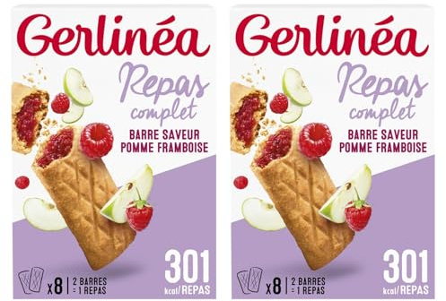 GERLINÉA – Barres Repas Complet Pomme Framboise – Substitut de Repas Minceur Protéiné – Moins de 240 Kcal – Fabriqué en France – Lot de 2 Boîtes (8 Repas)