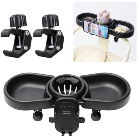 Vihir Bandeja para Cochecito de Bebé, 4 en 1 Bandeja de bocadillos Universal para Cochecito con Portabocadillos y Soporte para Móvil, Clip Ajustable Giratorio 360°, para Cochecitos con Reposabrazos