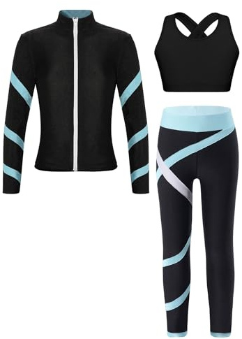 Sinleey Trainingsanzug Mädchen Sportanzug Sport Yoga Jogginganzug D Schwarz & Hellblau 134-140