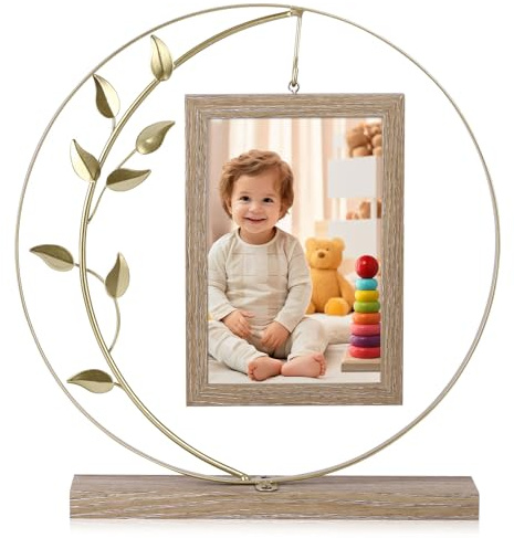 Bilderrahmen 10x15 Holz Vintage, Tisch Deko Aus Metall und Baum Holz mit Hochwertigem HD Glas, Zum Aufstellen Hält 2 Fotos Geschenk für Frauen Mama Oma Freunde Famili Couple Valentinstag (Gold)