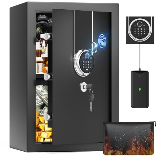 Tiskgg Safe Tresor - Caja fuerte ignífuga para el hogar, con bolsa ignífuga, caja fuerte digital con estante extraíble y sistema de alarma (67 L)