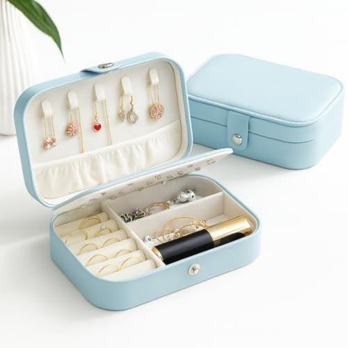 Compact Light Blue Jewellery Box for Women – Travel Jewellery Organiser with Ring Slots, Earring Holder & Necklace Storage Portable Mini Jewellery Case for Holidays, Handbag PU Leather 16 × 11 × 5 cm