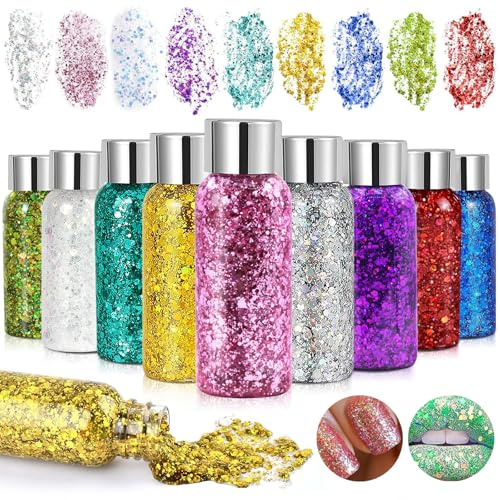 9 Bouteilles Paillettes Visage - Gel Paillettes Corps - Sirène Paillette Chunky Glitter Liquide pour Festival Fête Noël Pâques Maquillage Décoration - Blanc/Rose/Vert/Argent/Or/Violet/Cyan/Rouge/Bleu