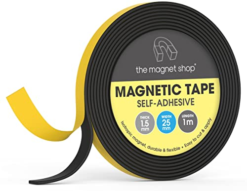 TMS Magnetic Tape Self Adhesive, Magnet Strips for Crafts on Roll Sticky Back - 25mm Wide, 1.5mm Thick - Thin & Flexible - Make Your own Fridge Magnets for Kids, Easy to Peel Adhesive Backing (1m)
