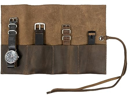 Hide & Drink, Organizer per rotoli di orologi con 4 scomparti, scatola portaoggetti, rotolo di gioielli, facile da trasportare, in pelle pieno fiore, custodia da viaggio fatta a mano, marrone bourbon