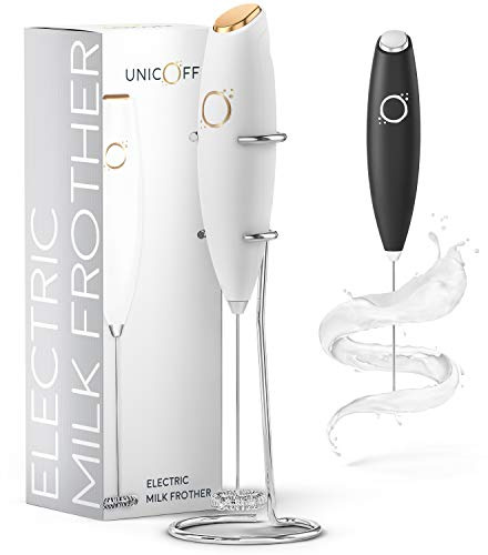 Milk Frother White - Coffee Frother Handheld with Electric Whisk - 19000 rpm - Book Recipes and Stainless Steel Stand Included - Hand Mixer Electric (White and Gold)