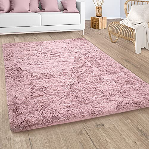 Paco Home Hochflor Teppich Wohnzimmer Shaggy Moderner Fellteppich Imitat Kunstfell Flauschig rutschfest Einfarbig Rosa Altrosa, Grösse:60x100 cm