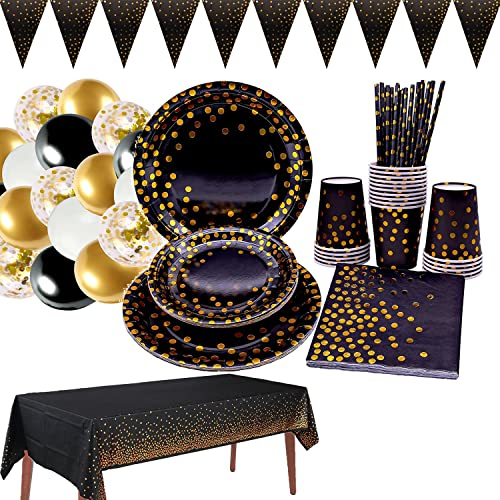 ZhiheHui Partygeschirr in Schwarz und Gold Partyteller in Schwarzgold Partygeschirr in Schwarzgoldpunkt Partyzubehör in Schwarz und Gold Werden für Partys Geburtstage Abschlussfeiern.