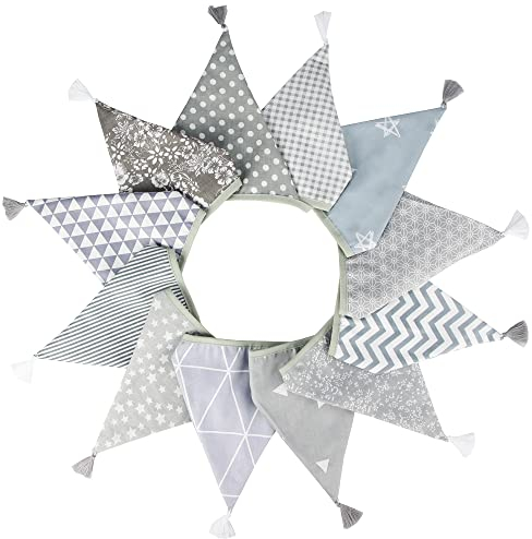 G2PLUS Stoff Wimpelkette mit Quasten, Grau Stoffgirlande Beidseitig, 3.3M Stoff Wimpel Girlande mit 12 STK Farbenfroh Wimpeln für Hausbett, Kindergeburtstagsfeier Deko