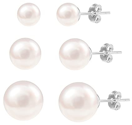 3 Pairs Pearl Earrings, 6/7/9mm 925 Sterling Silver Pearl Stud Earrings for Women, White Freshwater Cultured Pearl Stud Earrings With Hypoallergenic Sterling Sliver Butterfly Earring Backs