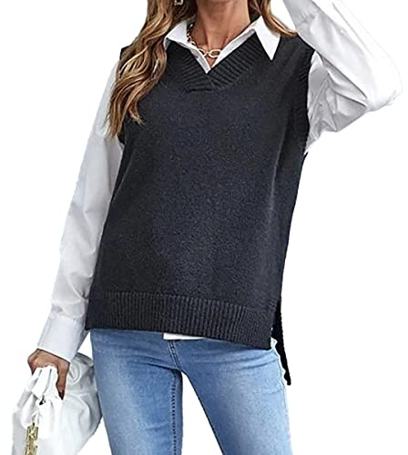 MODFUL Pull en tricot sans manches avec col en V pour femme - Gilet classique chunky - Veste en maille, Noir , S