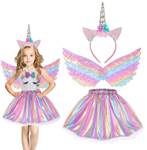 Hifot Deguisement Princesse Enfant Licorne Fille, Jupe Tutu Avec Ailes Bandeau Licorne,Robe Princesse Fille pour Carnaval Fête Anniversaire Cadeaux