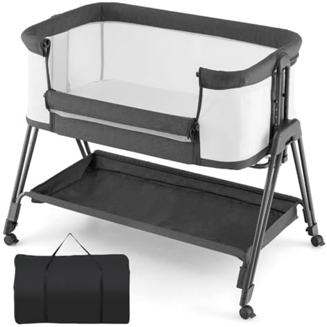 GYMAX Baby Bedside Crib, Foldable Infant Side Cot (Gray)