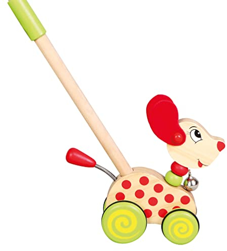 Bino World of Toys Schiebetier Hund aus Holz, Spielzeug für Kleinkinder ab 18 Monaten, Schiebespielzeug zur Förderung kindlicher Fähigkeiten mit einem Holzgriff von 48 cm, Mehrfarbig
