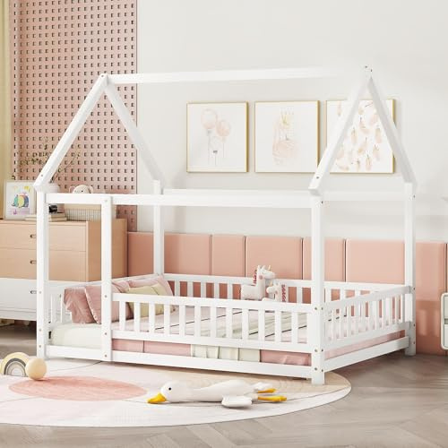 Bellemave Full Size House Floor Bed,Wooden Montessori Bed with Fence and Roof for Kids,Playhouse Full Bed Frame for Girls,Boys(Full,White)