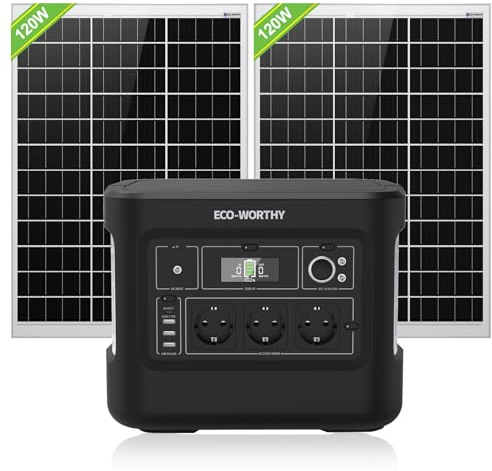 ECO-WORTHY 1000W Powerstation mit 2 * 120W Solarpanel, Powerbank mit 1024Wh LiFePO4 Akku, Spitzenleistung bis zu 2500W, Generatoren für Home Backup/Outdoor/Wohnmobile