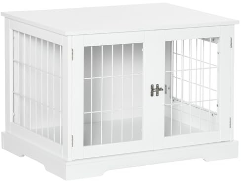 PawHut Jaula para Perros de Madera 76x54,5x56 cm Caseta para Perros con Mesa de Almacenamiento con Rejillas de Acero y 2 Puertas de Pestillo Blanco