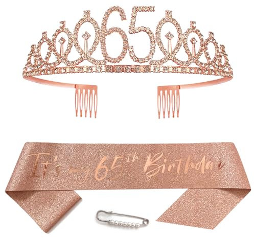 Écharpe or rose pour 65e anniversaire pour femme, couronne de princesse, diadème avec strass, décorations de fête d'anniversaire pour femme, fournitures de fête d'anniversaire de 65 ans