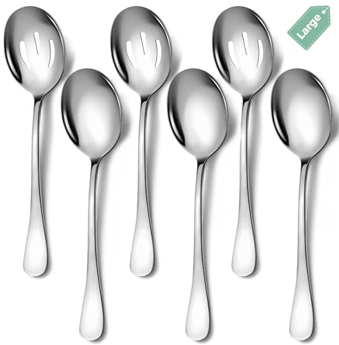 KEYOXY 6-Piece Stainless Steel Serving Set - Includes 3 Large Spoons, 3 Large Slotted Spoons - Perfect for Parties/Buffet - Dishwasher Safe - 8.5 -Inch