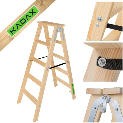 KADAX Escalera de madera plegable de 5 peldaños con gancho de acero, escalera de caballete para pintura, escalera doméstica