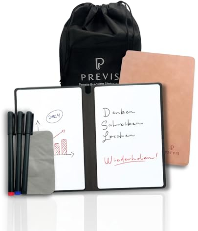 PREVIS Lavagna Cancellabile Piccola Portatile con 3 Pennarelli Cancellabili di Punta Extrafina + Panno per Cancellazione + Custodia Portatile - Quaderno Lavagna- Accessorio ideale per ufficio e Studio