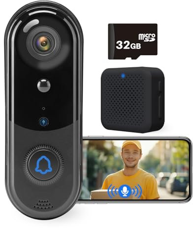 1080P Video Doorbell Camera with 32 GB SD Card, Wireless Doorbell Camera Outdoor, No Monthly Fee, indoor chime, 2.4G WiFi, IP65 Waterproof, Night Vision, Ai Human Detection, SD Card/Free Cloud Storage