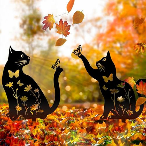 2 Pack Statue de Chat en Fer Sculpture de Jardin en Métal pour Ornement de Pelouse Statue de Plein Air pour Prairie Décorations pour Amateurs de Chiens Labrador Noir Animaux