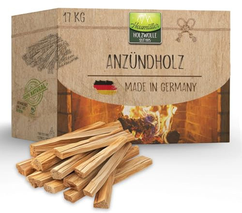 Heumüller Holzwolle Anzündholz 17 kg I Anfeuerholz aus gespaltenem & entrindetem Kiefernholz I Hoher Harzgehalt für schnelles & effizientes Anzünden I Ideal für Kamin, Grill & Lagerfeuer