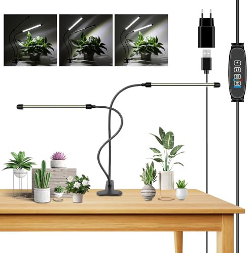 YOJZMA Luce di Coltivazione per Piante, Lampada LED a Clip con Spettro Completo Bianco e Rosso, Timer 3/9/12 Ore, 3 Modalità di Accensione, 10 Livelli di Regolazione, Collo Regolabile-2 Teste