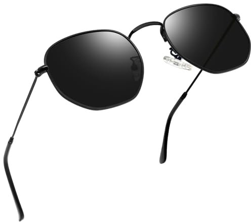 Joopin Stylische Polygon Sonnenbrille Damen Runde Schwarz und Hexagonal Polarisierte Sonnenbrille Herren Rund Hippie Sechseckige Ultraleichter Metallrahmen UV400-Schutz (Schwarz)